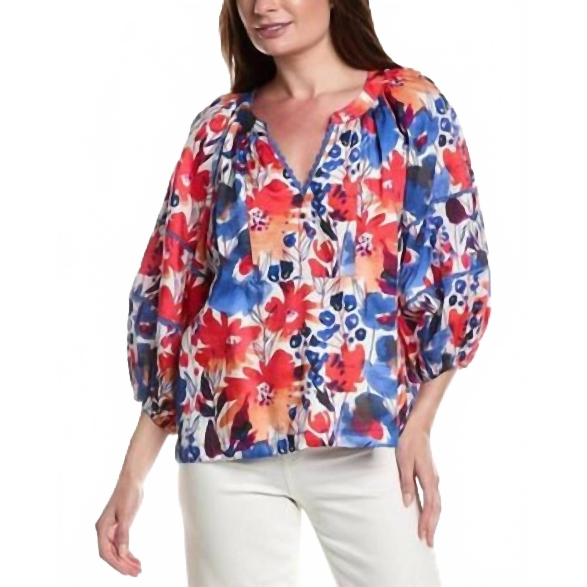 New Tyler Boe Molly Cotton V-Neck Blouse In Patriotic Floral